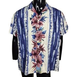Vintage 90s Hilo Hattie Hibiscus Flower Floral Tribal Button-Down Shirt Large